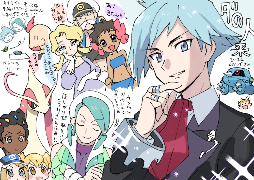 3girls, 6+boys, bangs, barry_(pokemon), bettie_(pokemon), blonde_hair, blue_sarong, blush_stickers