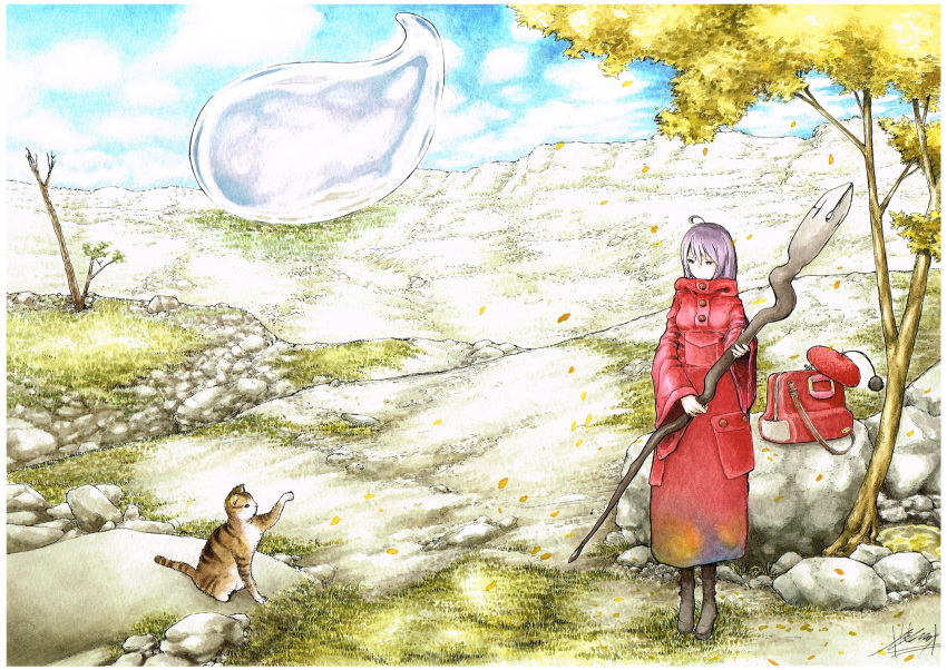 1girl, bag, black_footwear, cat, cloak, day, fantasy, grass, grey_hair, handbag, highres, kitatomisha_hq, original, outdoors, red_cloak, rock, scenery, staff, standing, traditional_media, tree, wide_sleeves
