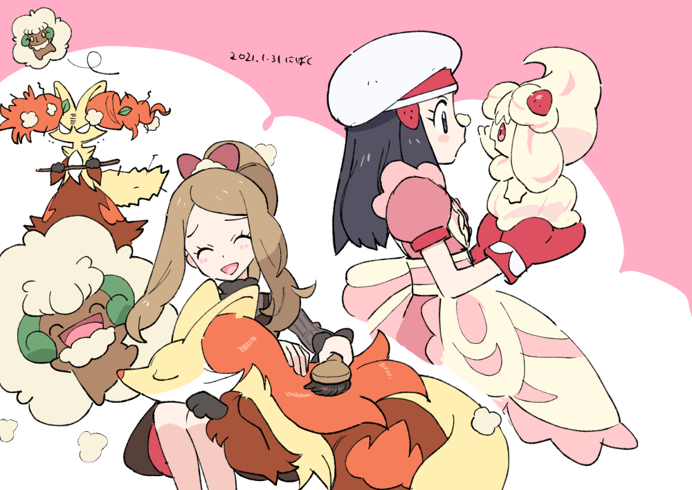 2girls, alcremie, alcremie_(strawberry_sweet), apron, black_hair, blush_stickers, brown_hair, brushing