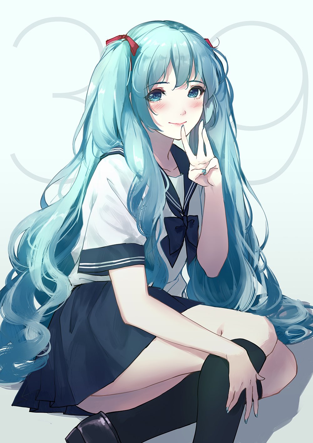 1girl, 39, alternate_costume, aqua_eyes, aqua_nails, bangs, black_footwear, black_legwear