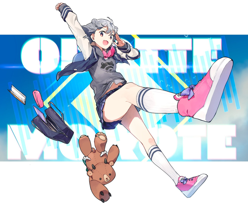 1girl, ahoge, arm_up, ascot, bag, blazer, blue_background, blue_jacket