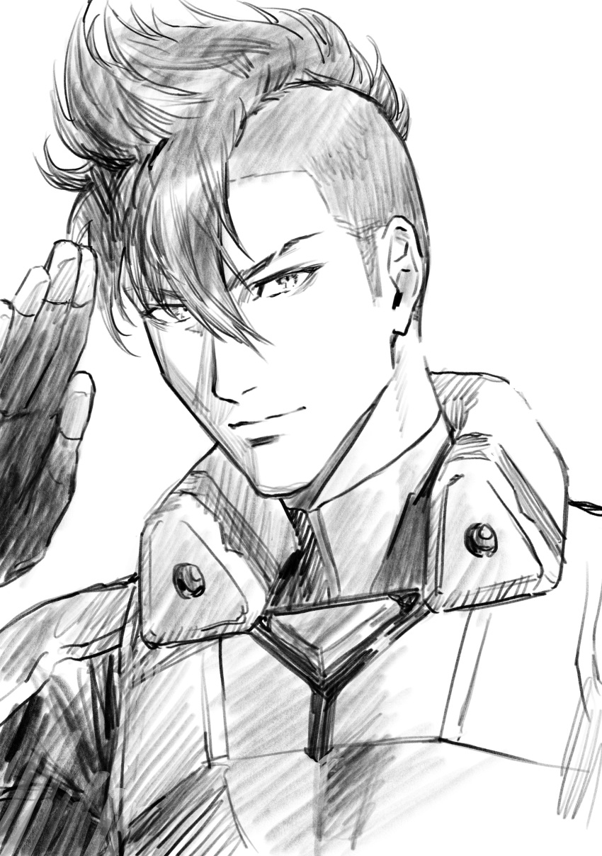 1boy, absurdres, fingerless_gloves, gloves, greyscale, hair_between_eyes, highres, looking_at_viewer