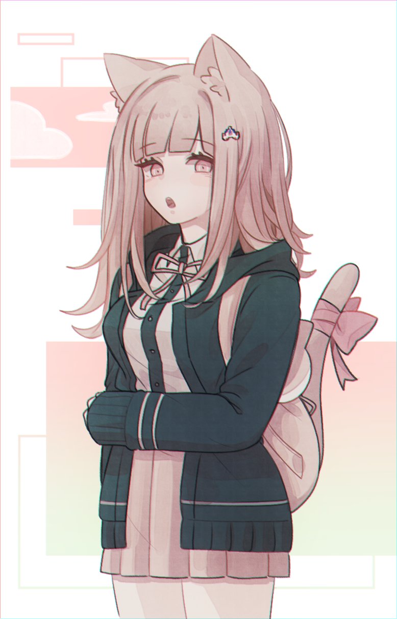 1girl, alternate_hair_length, alternate_hairstyle, animal_ears, arm_at_side, backpack, bag, bangs, black_jacket, black_shirt, bow, breasts, brown_skirt, cat_ears, cat_girl, cat_tail, collared_shirt, commentary_request, cowboy_shot, dangan_ronpa_(series), dangan_ronpa_2:_goodbye_despair, dress_shirt, hair_ornament, hairclip, highres, hood, hooded_jacket, jacket, kopaen_(komaeda_p), long_hair, long_sleeves, looking_at_viewer, medium_breasts, nanami_chiaki, neck_ribbon, pink_bow, pink_eyes, pink_hair, pink_ribbon, pleated_skirt, ribbon, shirt, skirt, solo, standing, tail, tail_bow, tail_ornament, upper_teeth, white_background, white_shirt