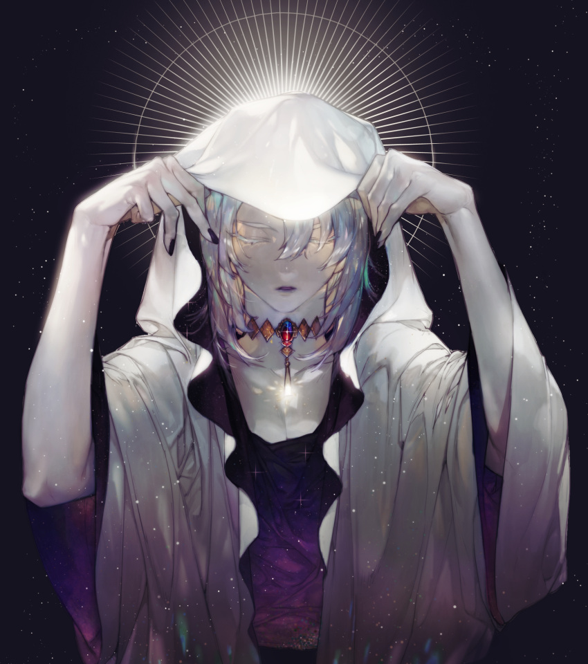 1boy, black_nails, cloak, closed_eyes, colored_skin, facing_viewer, fingernails, grey_hair, halo, hands_up, highres, hood, hood_lift, hood_up, jewelry, lifted_by_self, light_particles, medium_hair, nail_polish, necklace, original, pale_skin, parted_lips, pigeon666, shiny, shiny_hair, shirt, solo, upper_body, white_cloak, white_skin
