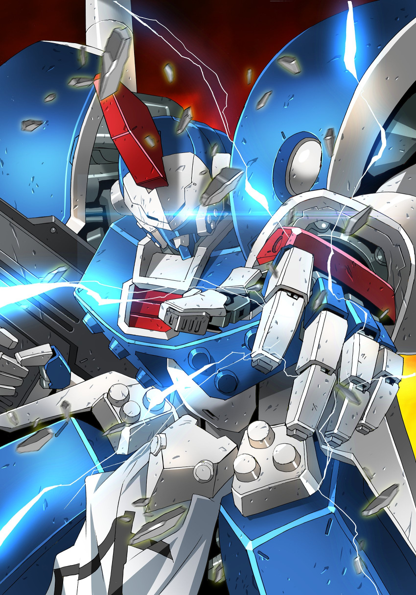 absurdres, aleste_(mecha), blue_eyes, dennin_aleste, electricity, floating, glowing, glowing_eye, gradient, gradient_background, gun, highres, holding, holding_gun, holding_weapon, leaning_forward, mecha, no_humans, open_hand, platin_(alios), rock, science_fiction, solo, weapon
