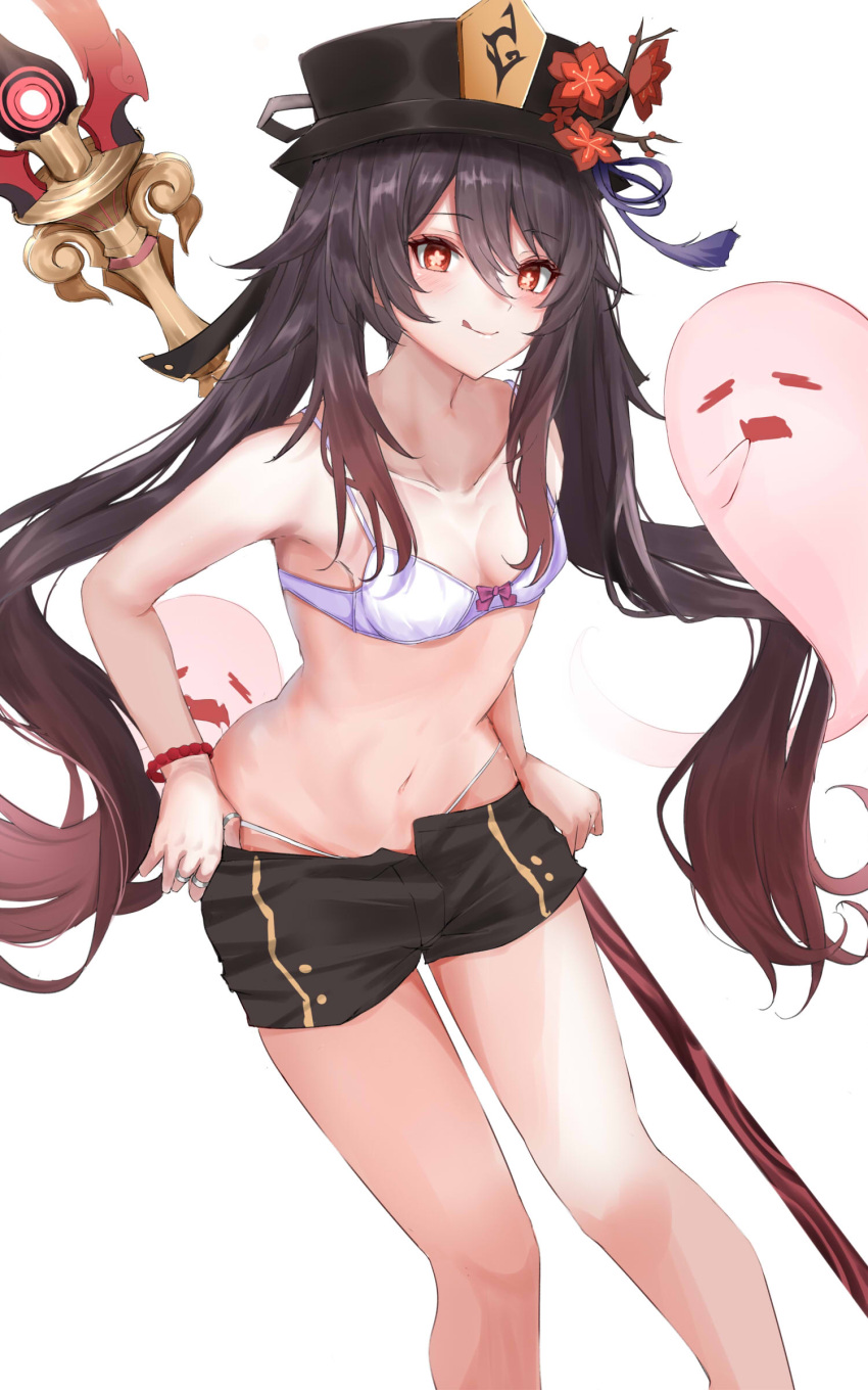1girl, 351_rane, absurdres, bare_shoulders, black_headwear, black_shorts, bra, bracelet