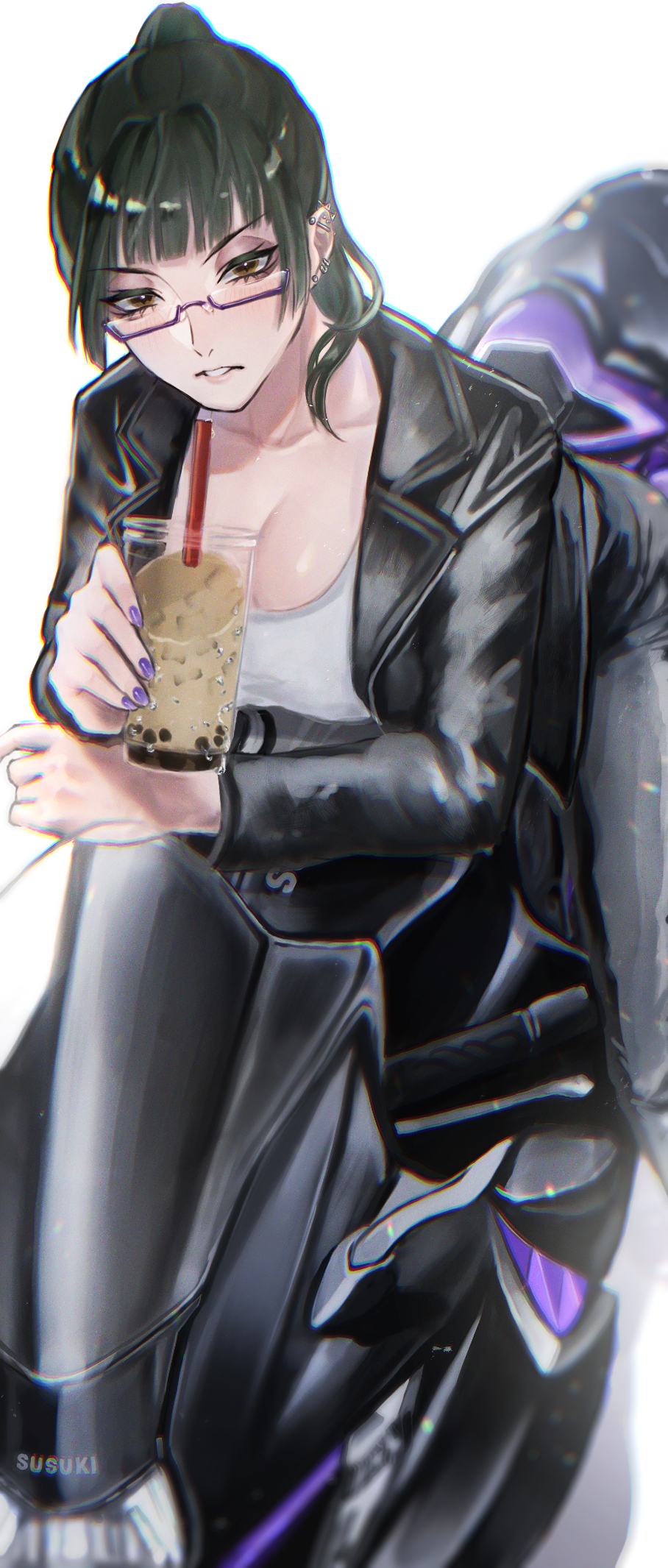 1girl, breasts, bubble_tea, drink, ear_piercing, glasses, green_hair, ground_vehicle, highres, hitohachan, jacket, jujutsu_kaisen, leather, leather_jacket, looking_at_viewer, motor_vehicle, motorcycle, nail_polish, piercing, purple_nails, yellow_eyes, zenin_maki