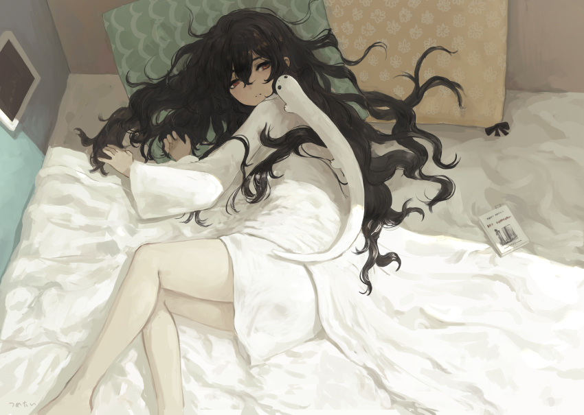 1girl, absurdres, bare_legs, bed, bed_sheet, black_hair, hair_between_eyes, highres