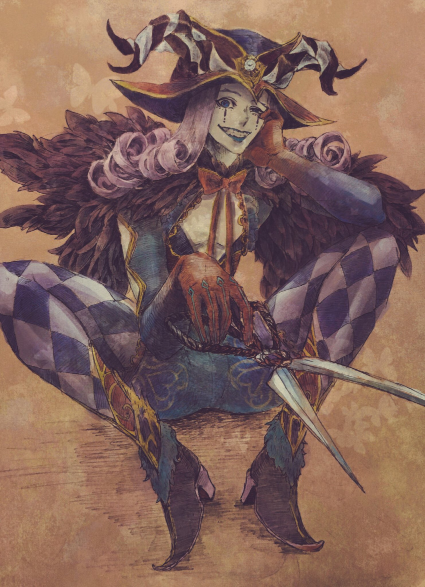 1boy, acrylic_paint_(medium), animal_print, argyle, argyle_legwear, blue_eyes, blue_lips, bow, bowtie, butterfly_ornament, butterfly_print, cape, center_opening, colored_skin, crazy_eyes, crazy_smile, crosshatching, curly_hair, fate/grand_order, fate_(series), fur-trimmed_cape, fur_collar, fur_trim, fuzzy_footwear, grin, hand_on_own_face, hat, hatching_(texture), headpiece, heart, heart_print, high_heels, highres, hkrdea, holding, holding_scissors, horns, lace_trim, looking_at_viewer, makeup, medium_hair, mephistopheles_(fate), multicolored, multicolored_eyes, multiple_tails, pantyhose, pointed_footwear, purple_hair, scissors, sitting, smile, solo, squinting, tail, teardrop, teeth, thick_eyebrows, tight, traditional_media, unzipped, violet_eyes, white_skin, wide-eyed