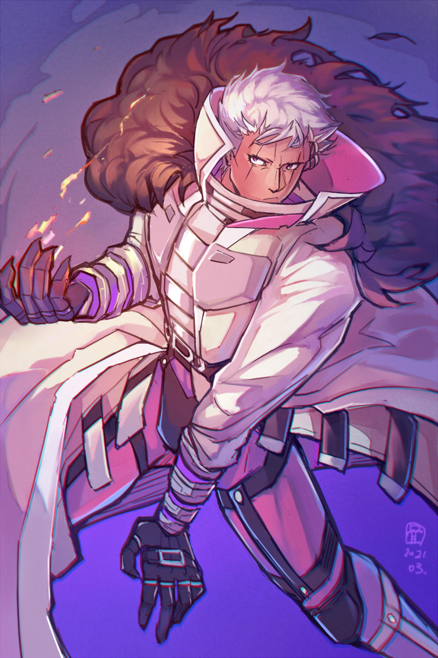 1girl, bangs, black_gloves, closed_mouth, coat, dark_skin, dark_skinned_male, dated, fire, fur_trim, gloves, highres, krizalid, long_sleeves, looking_at_viewer, pants, phy_lucius, pyrokinesis, scar, scar_across_eye, short_hair, solo, standing, the_king_of_fighters, white_coat, white_hair
