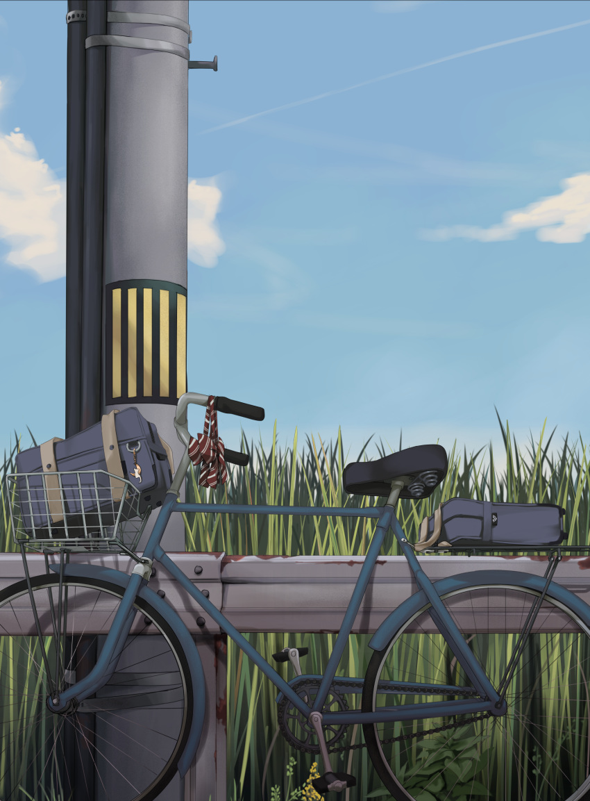 bag, bicycle, bicycle_basket, blue_bag, blue_sky, bow, bowtie, brown_bow