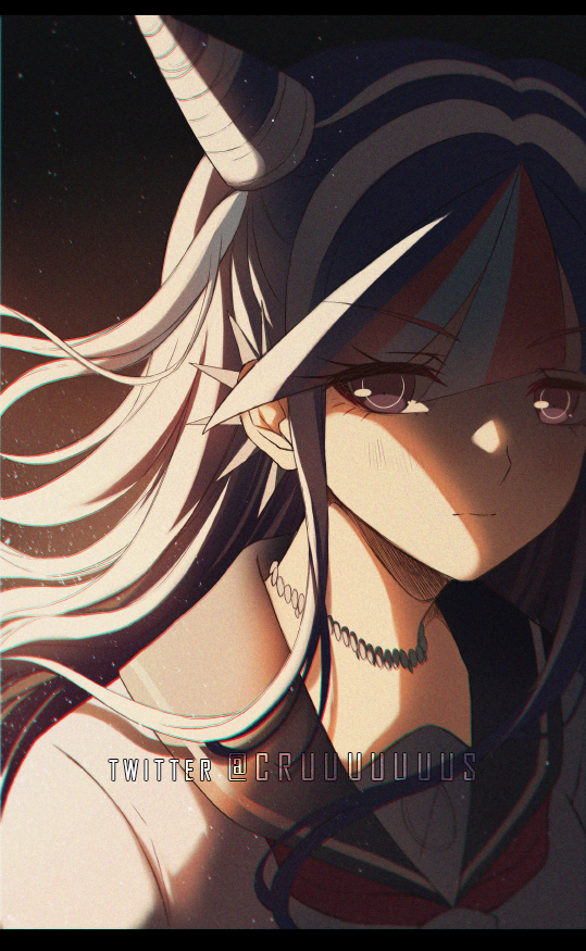 1girl, bangs, black_hair, blue_hair, blush, criis-chan, dangan_ronpa_(series), dangan_ronpa_2:_goodbye_despair