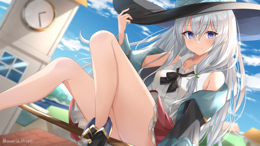 1girl, bangs, bare_legs, bare_shoulders, black_coat, black_footwear, black_headwear, black_ribbon