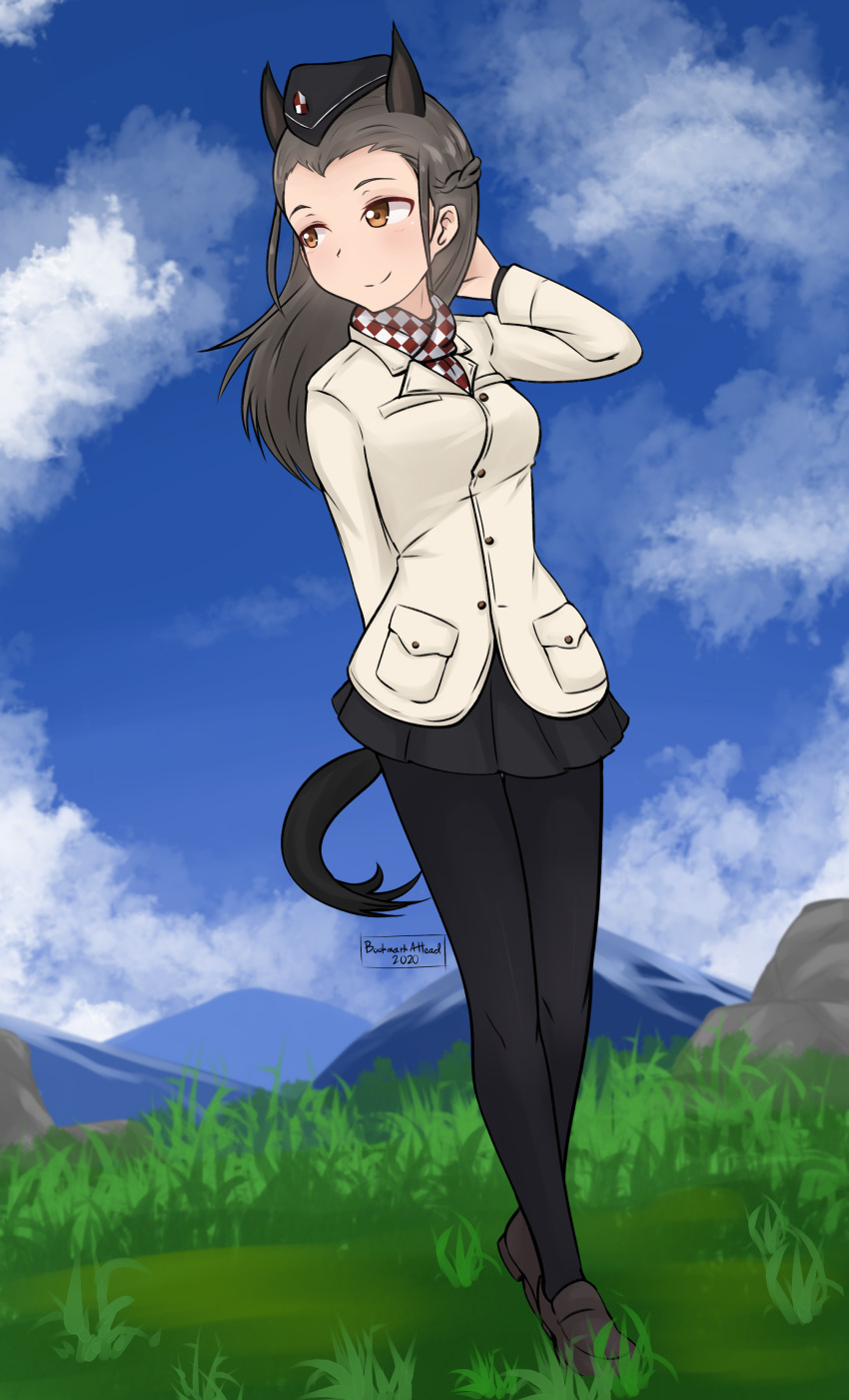 1girl, absurdres, arm_behind_back, blue_sky, bookmarkahead, braid, brown_eyes, brown_hair, clouds, crown_braid, dutch_angle, garter_straps, grass, hand_in_hair, highres, long_hair, military, mountain, pantyhose, sky, solo, uniform, wiktoria_urbanowicz, world_witches_series