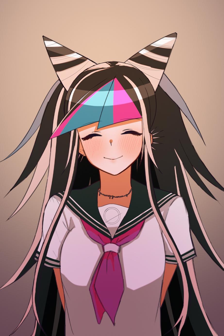 1girl, :>, arms_behind_back, bangs, black_hair, blue_hair, blush, closed_eyes