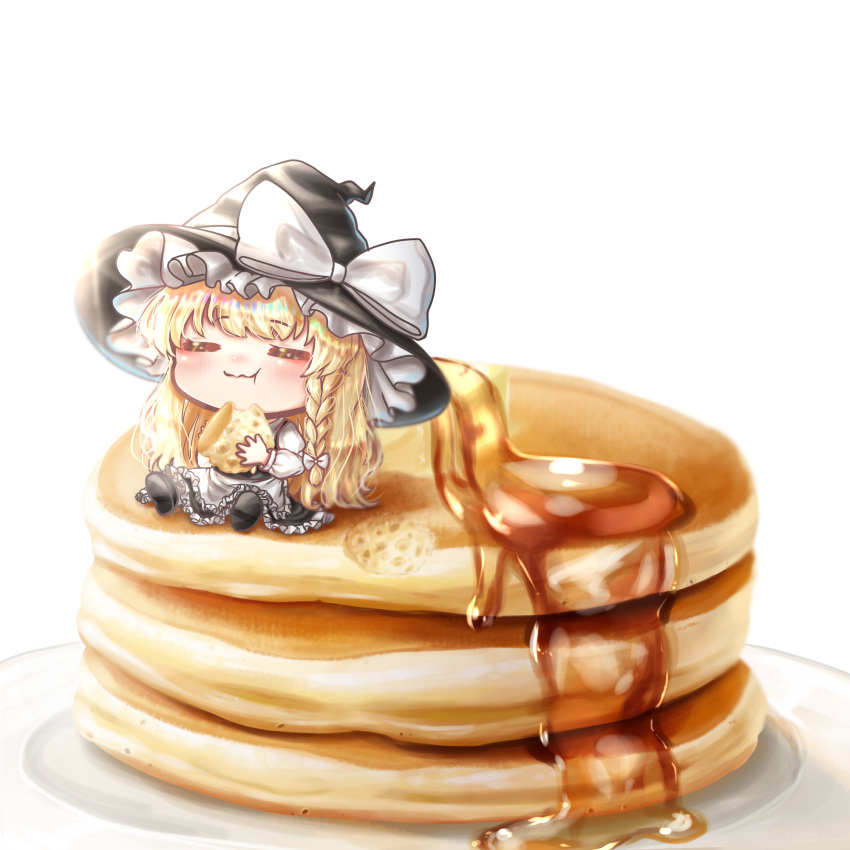 1girl, :t, =_=, apron, black_footwear, black_headwear, blonde_hair, bloom, blush, bow, braid, butter, chibi, closed_eyes, closed_mouth, commentary, eating, eyebrows_visible_through_hair, food, food_focus, hair_bow, hair_ribbon, hat, hat_bow, highres, holding, holding_food, juliet_sleeves, kirisame_marisa, long_hair, long_sleeves, pancake, plate, plater, puffy_sleeves, ribbon, shirt, side_braid, simple_background, single_braid, sitting_on_food, solo, suna_sen, syrup, touhou, tress_ribbon, turtleneck, waist_apron, wavy_mouth, white_apron, white_background, white_bow, white_shirt, witch_hat