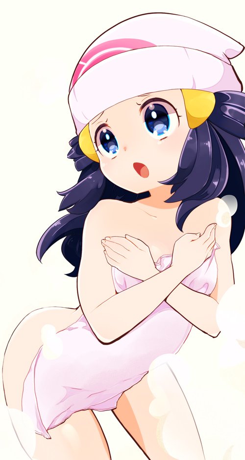 1girl, beanie, blue_eyes, blue_hair, breasts, chorimokki, covering, hikari_(pokemon)