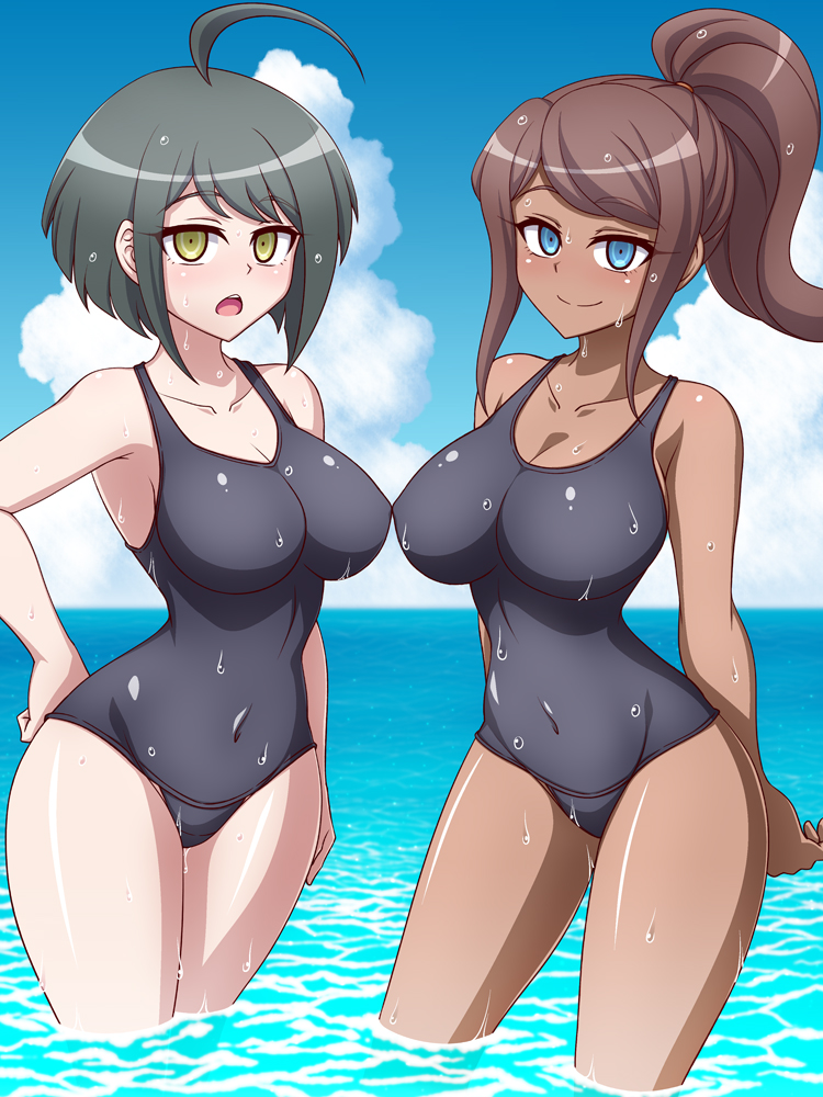2girls, asahina_aoi, blue_eyes, breasts, brown_hair, clouds, cloudy_sky, dangan_ronpa:_trigger_happy_havoc