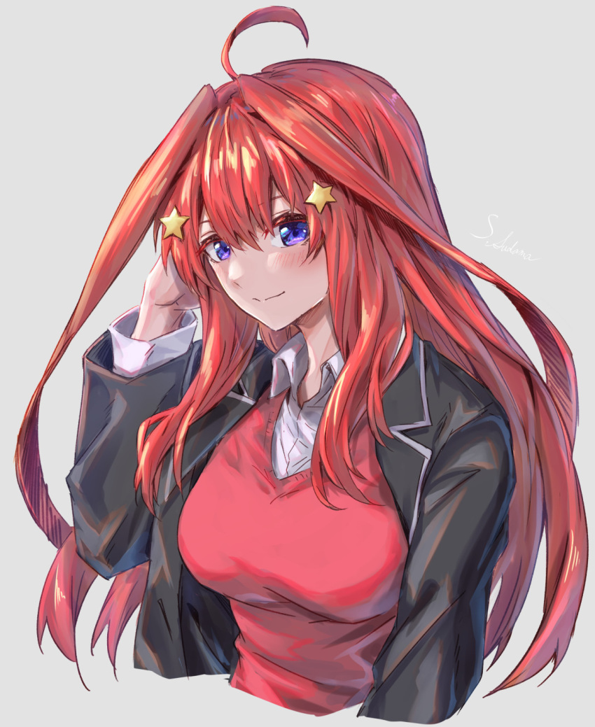 1girl, ahoge, artist_name, bangs, black_jacket, blazer, blush, breasts
