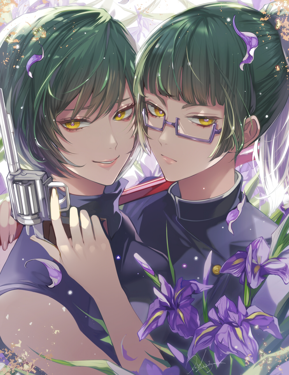 2girls, bangs, bare_shoulders, closed_mouth, falling_petals, flower, green_hair, gun, handgun, high_collar, high_ponytail, highres, holding, holding_gun, holding_staff, holding_weapon, jujutsu_kaisen, matsurika_youko, multiple_girls, petals, pink_lips, pistol, purple-framed_eyewear, semi-rimless_eyewear, short_hair, siblings, sidelocks, sisters, smile, staff, weapon, yellow_eyes, zenin_mai, zenin_maki