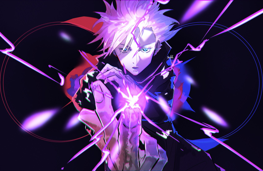 1boy, absurdres, blue_eyes, bright_pupils, dark_background, energy, gojou_satoru, highres