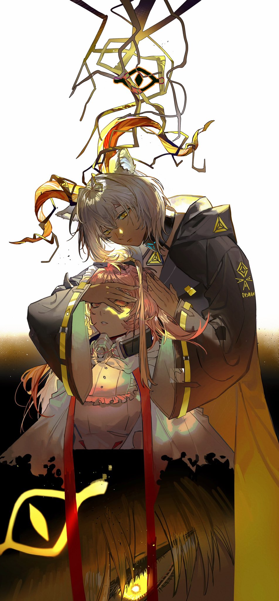 2girls, arknights, beeswax_(arknights), black_background, black_coat, brown_hair, burnt_clothes, chinese_commentary