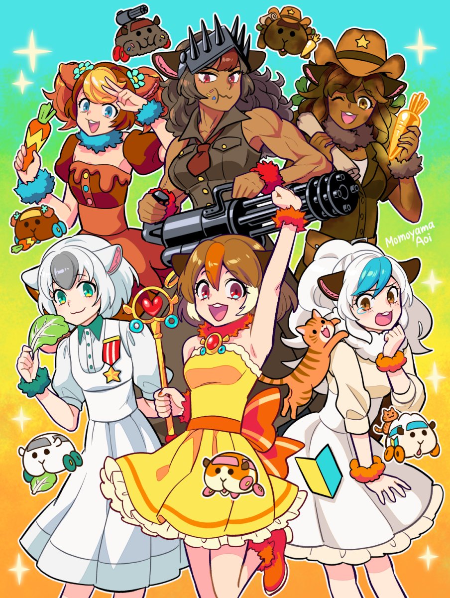6+girls, abbey_(pui_pui_molcar), animal_ears, arm_up, artist_name, blue_eyes, boots, bow
