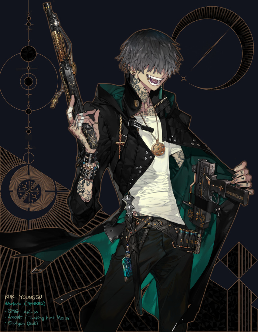 1boy, amulet, arm_tattoo, bangs, black_jacket, black_pants, earrings, grey_hair