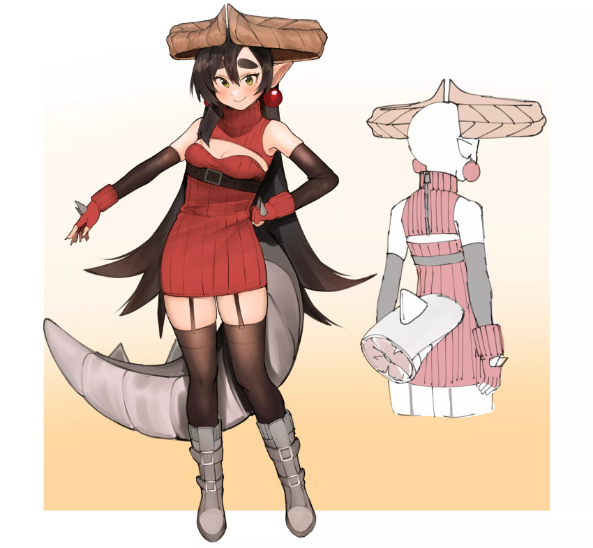 1girl, black_garter_straps, black_hair, black_legwear, blush, breasts, cleavage_cutout, clothing_cutout, detached_sleeves, dragon_girl, dragon_horns, dragon_tail, dress, earrings, english_commentary, full_body, gloves, green_eyes, hand_on_hip, highres, horns, jewelry, kumaartsu, long_hair, mythic_live, nako_ryu, pointy_ears, red_gloves, reference_sheet, ribbed_dress, small_breasts, smile, solo, spiked_gloves, standing, tail, thick_eyebrows, thigh-highs, turtleneck_dress, virtual_youtuber, zipper