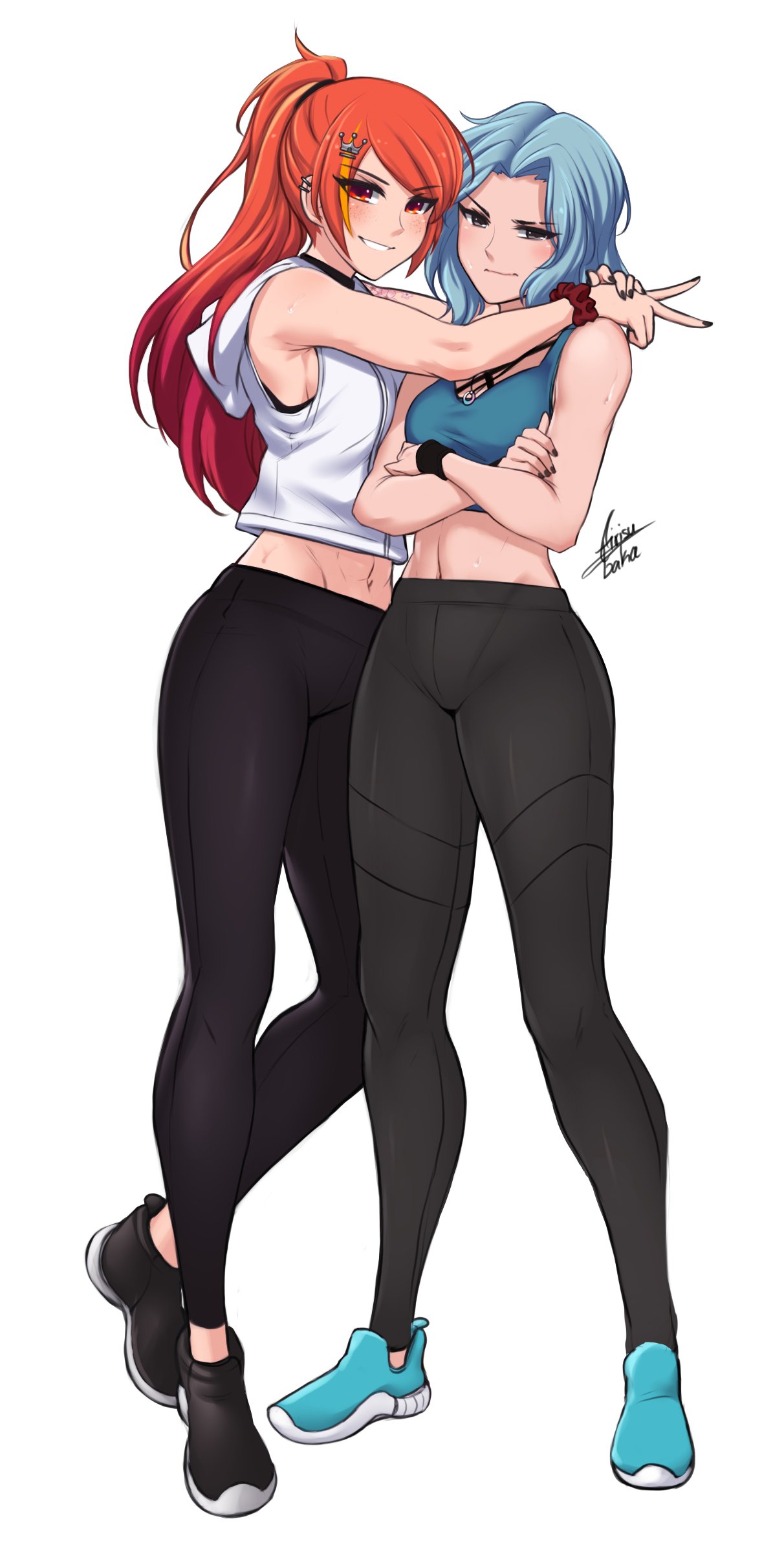 airisubaka, arm_under_breasts, artist_name, bare_shoulders, black_eyes, black_footwear, black_legwear, black_nails