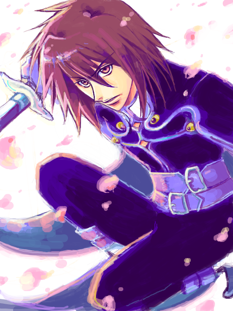 1boy, brown_eyes, brown_hair, kneeling, kratos_aurion, male, sakura_blossoms, short_hair