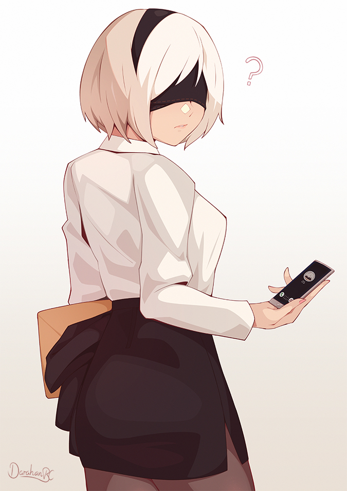 1girl, ?, black_blindfold, blindfold, breasts, brown_legwear, cellphone, covered_eyes, darahan, english_commentary, envelope, fingernails, from_behind, holding, holding_phone, manila_envelope, medium_breasts, nail_polish, nier_(series), nier_automata, office_lady, pantyhose, pencil_skirt, phone, pink_nails, shirt, short_hair, silver_hair, skirt, smartphone, solo, turning_head, white_shirt, yorha_no._2_type_b, yorha_no._9_type_s