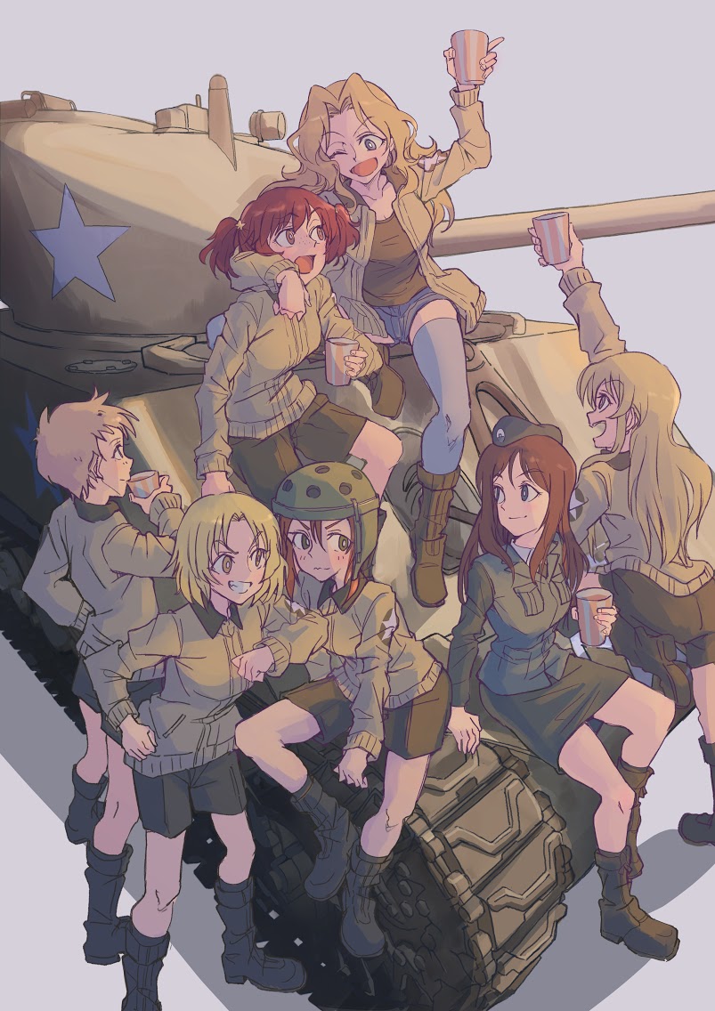 alisa_(girls_und_panzer), arm_between_legs, blonde_hair, boots, brown_hair, caterpillar_tracks, character_name, character_request