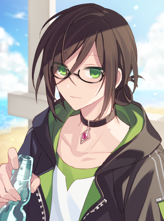 1boy, bangs, black-framed_eyewear, black_choker, black_hair, black_jacket, bottle, choker