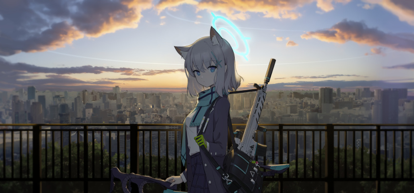 1girl, absurdres, animal_ears, assault_rifle, blazer, blue_archive, blue_eyes, cityscape