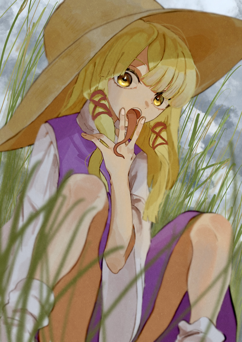 1girl, absurdres, bangs, blonde_hair, blurry, blurry_foreground, bobby_socks, brown_headwear