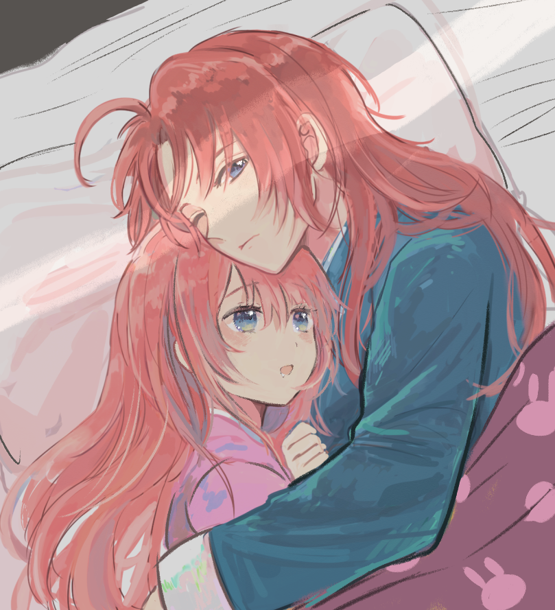 1boy, 1girl, animal_print, aqua_kimono, blue_eyes, brother_and_sister, bunny_print, couple