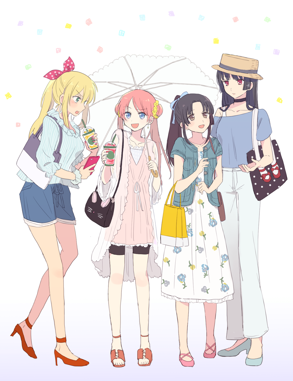 4girls, :d, bag, bike_shorts, black_hair, black_ribbon, black_shorts, blonde_hair