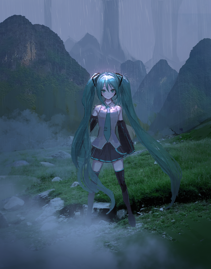 1girl, aqua_eyes, aqua_hair, aqua_neckwear, bangs, black_legwear, black_skirt, closed_mouth