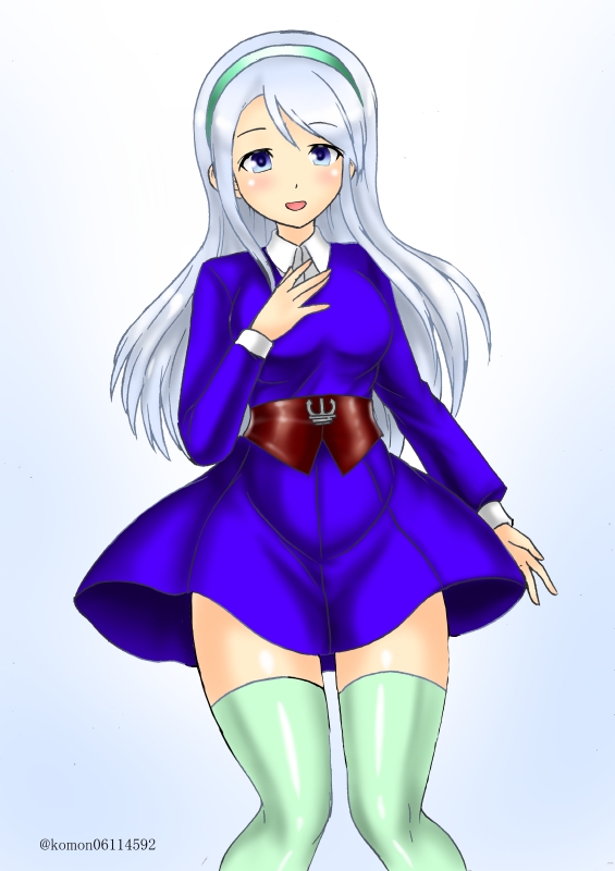 1girl, blue_dress, breasts, commentary_request, cowboy_shot, dress, gradient, gradient_background