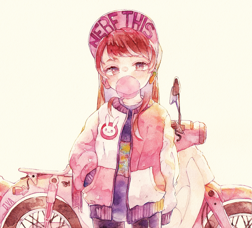 1girl, arm_at_side, bangs, bicycle, brown_hair, bubble_blowing, chewing_gum, collarbone, d.va_(overwatch), earrings, eyelashes, ground_vehicle, hand_in_pocket, jacket, jewelry, long_hair, long_sleeves, looking_at_viewer, open_clothes, open_jacket, overwatch, purple_shirt, rrrpct, shirt, solo, symbol_commentary, traditional_media, watercolor_(medium)