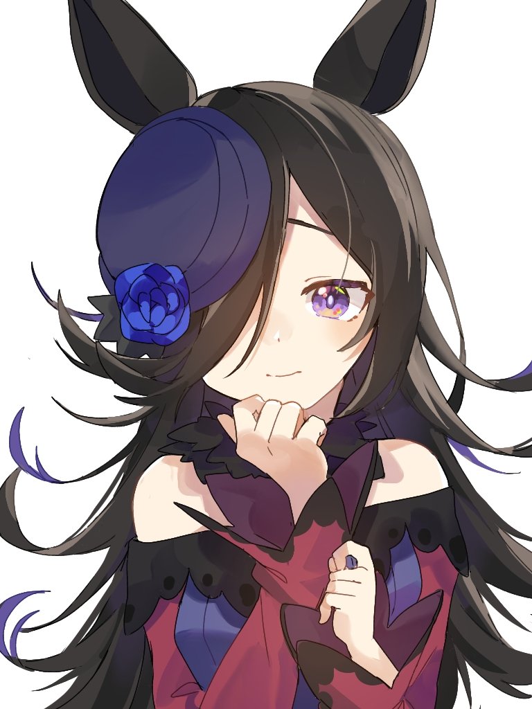 1girl, animal_ears, bangs, bare_shoulders, black_hair, blue_flower, blue_headwear, closed_mouth