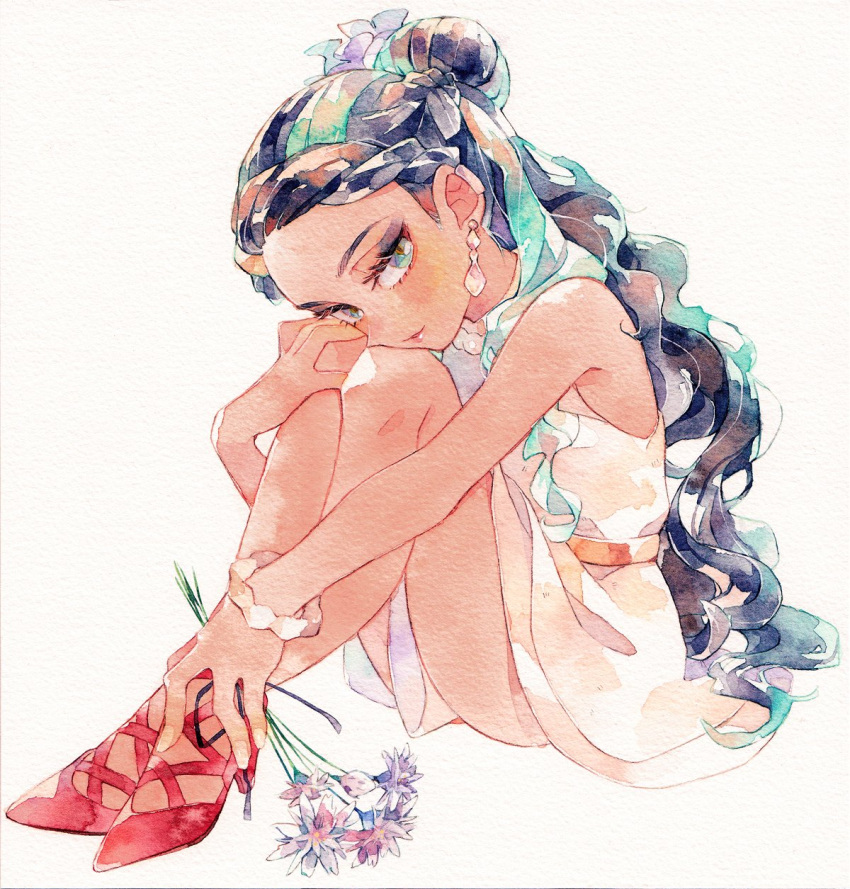 1girl, black_hair, blush, bracelet, crossed_legs, dress, earrings, eyelashes