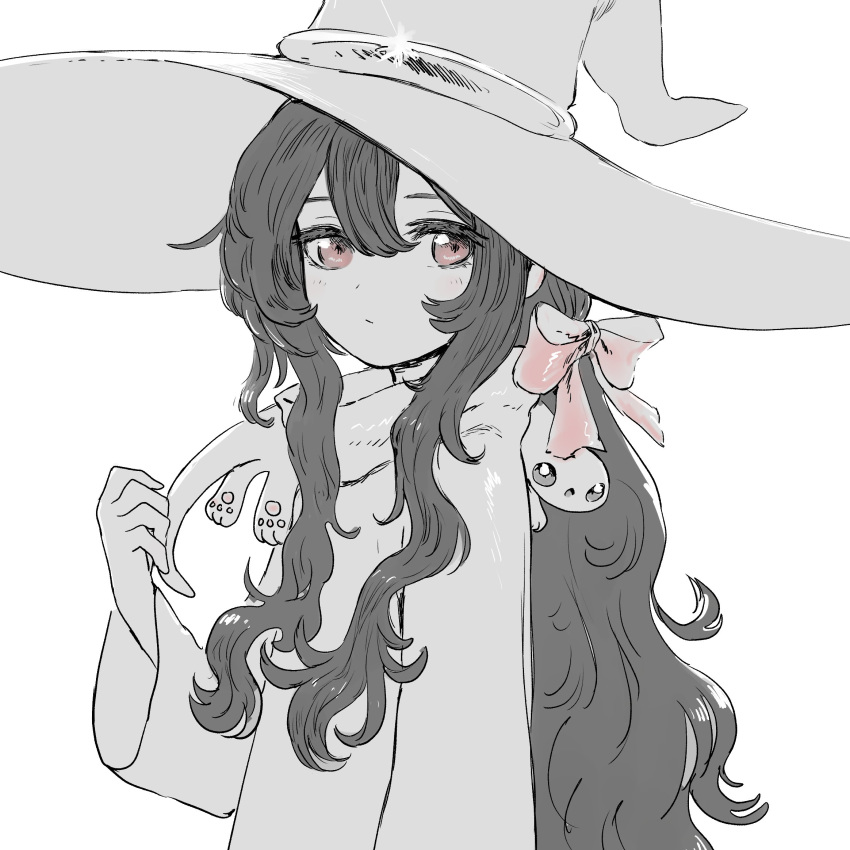 1girl, bangs, black_hair, bow, creature, creature_on_shoulder, dress, expressionless