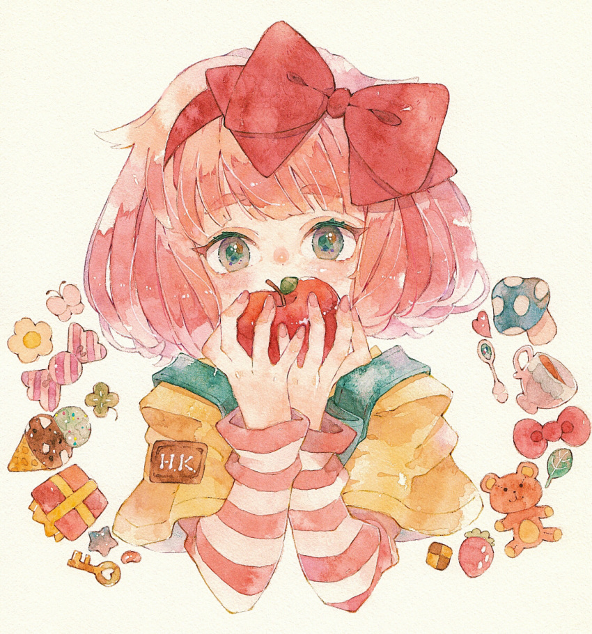 1girl, apple, bangs, blush, bow, bow_hairband, box, candy_wrapper
