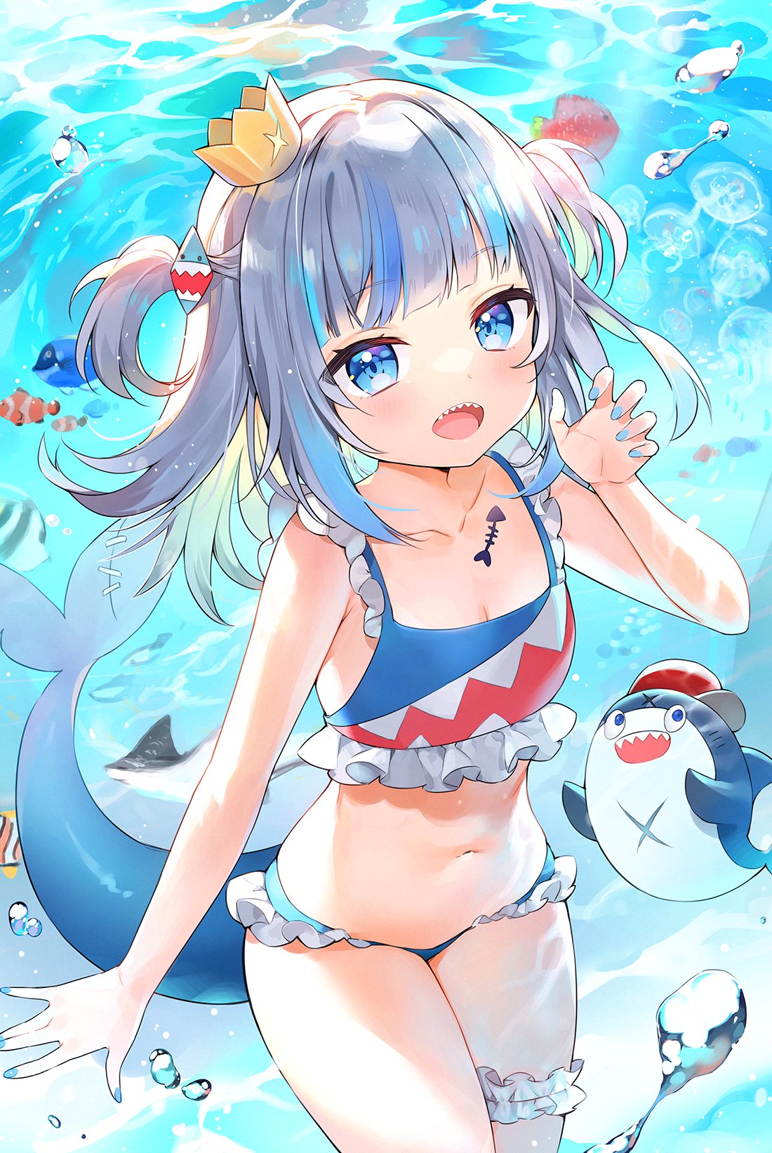 1girl, ayamy, bangs, bloop_(gawr_gura), blue_eyes, blue_hair, blush, fish_tail