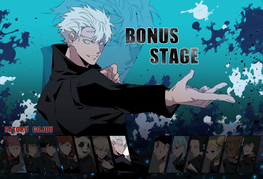 5girls, 6+boys, animal, bangs, black_hair, black_jacket, blonde_hair, blue_background