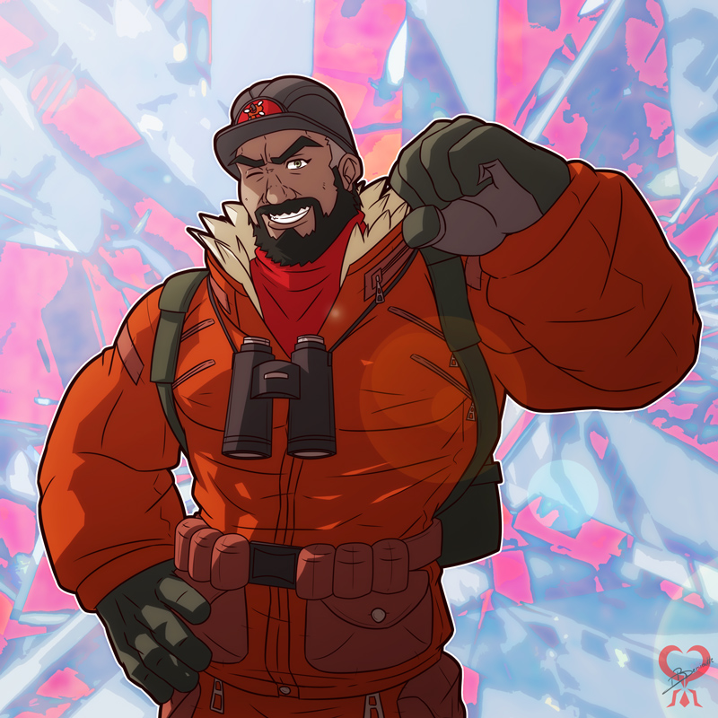 1boy, backpack, bag, beard, binoculars, clenched_hand, clenched_teeth, commentary