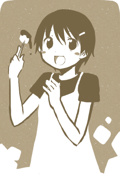 blush_stickers, brown, brown_background, hanamaru_youchien, monochrome, open_mouth, short_hair, smile