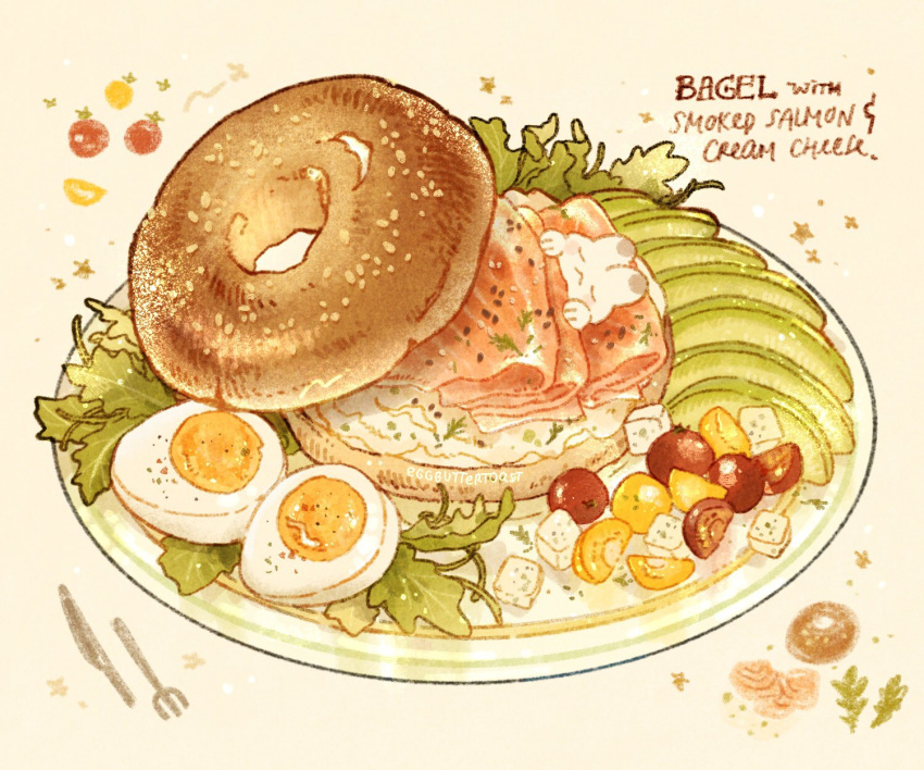 bagel, cheese, cream, egg, fish, food, food_focus, fork
